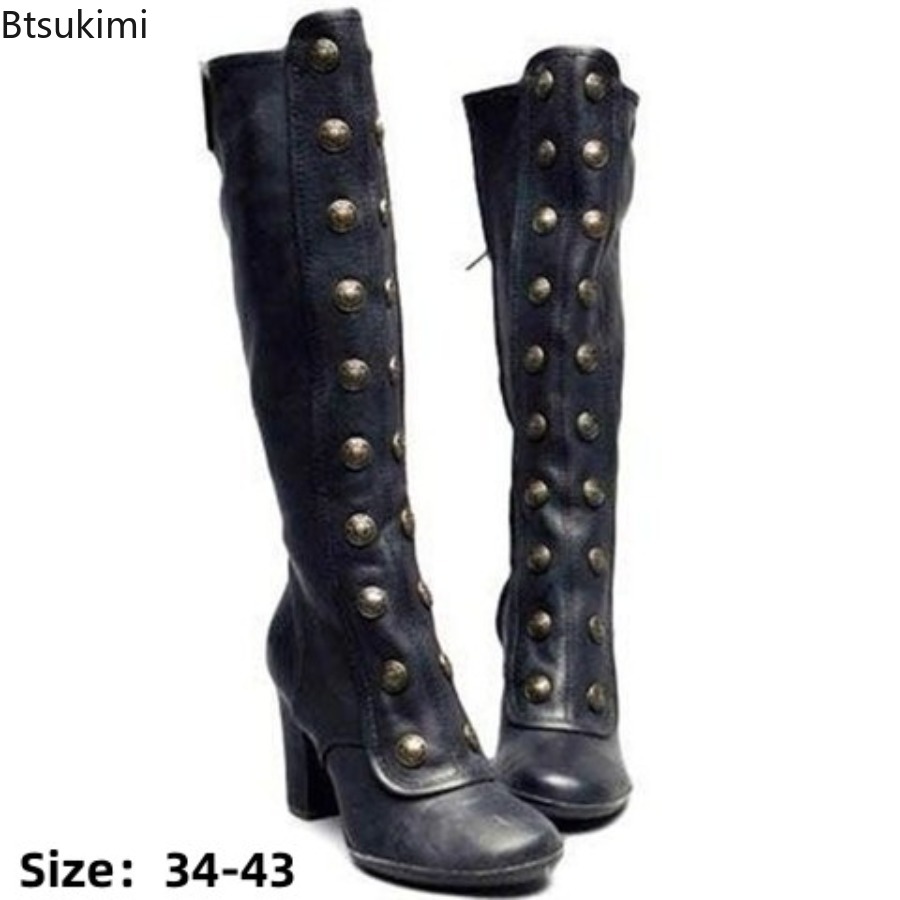 レトロブラックファッションリベット装飾ブーツチャンキーヒール - High Knee Heel Boots のレビューと価格