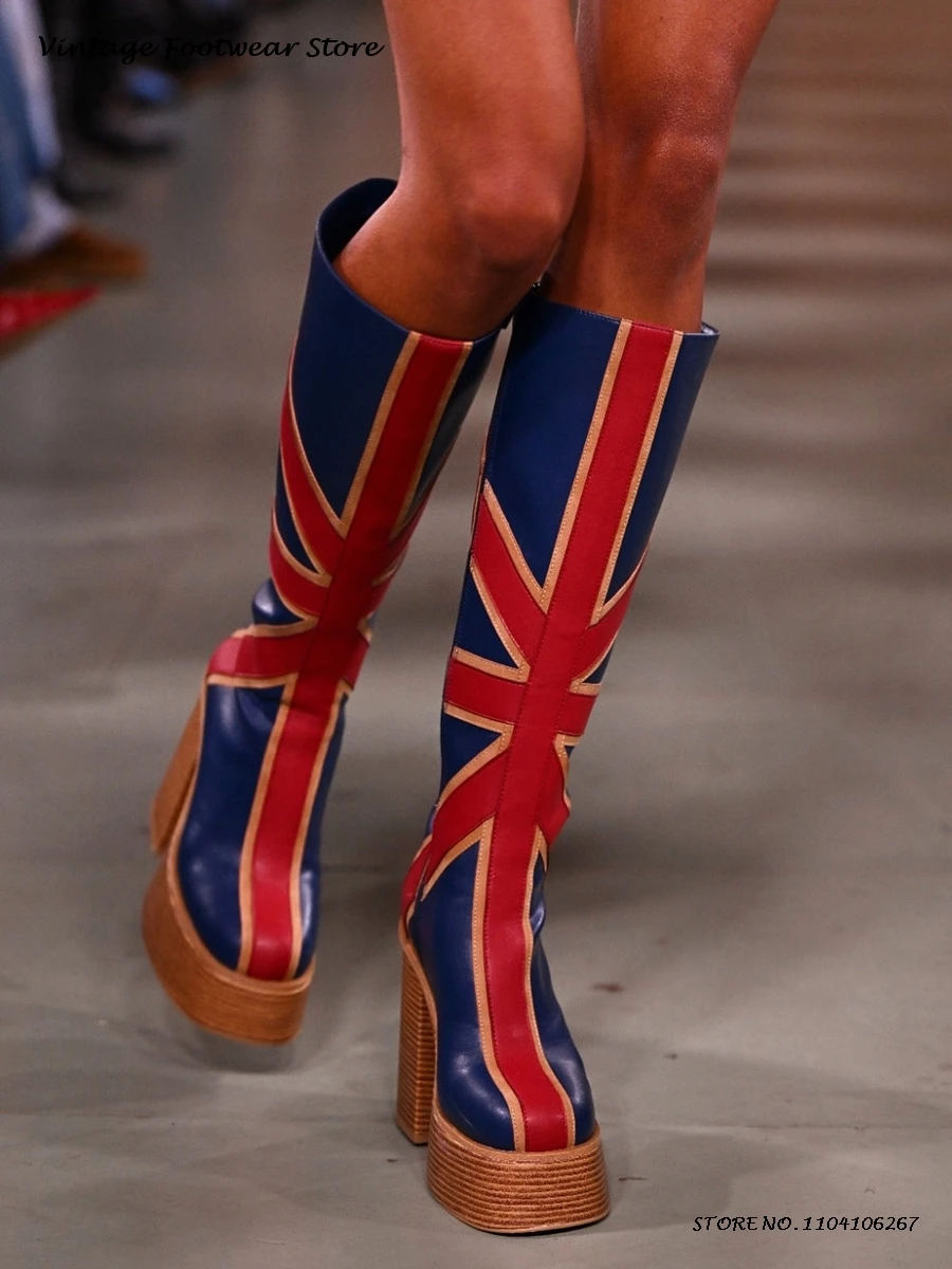 パッチワークレザー Platfrom ニーブーツ英国スタイル - High Knee Heel Boots のレビューと価格