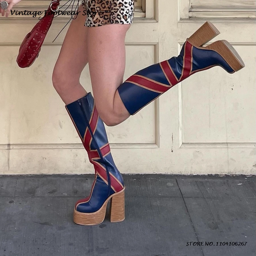 パッチワークレザー Platfrom ニーブーツ英国スタイル - High Knee Heel Boots のレビューと価格