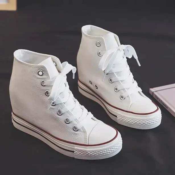 女性用ハイ8cmプラットフォームキャンバスシューズ、隠しヒー - Block Heel Ankle Boots のレビューと価格