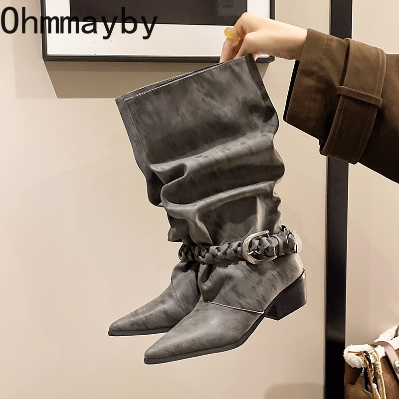 ヴィンテージスラウチ女性ウエスタンニーハイブーツポインテッド - High Knee Heel Boots のレビューと価格