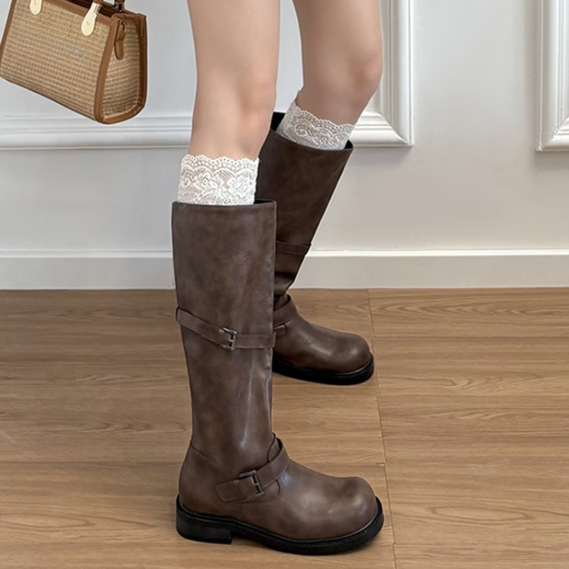 ヴィンテージベルトバックル付きレディースニーハイブーツ、エレ - High Knee Heel Boots のレビューと価格