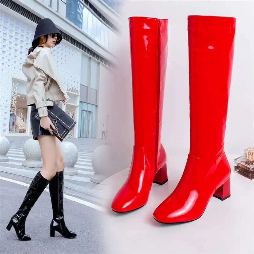 女性のための赤と白のパテントレザーニーハイブーツ,ブロックヒ - High Knee Heel Boots のレビューと価格