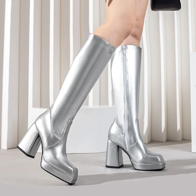 女性用パテントレザーニーハイブーツ,ヒールブロック,スクエア - Block Heel Ankle Boots のレビューと価格