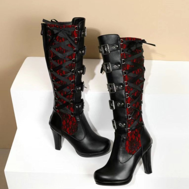 パンクゴシックスタイルの女性のニーハイブーツレディースオート - High Knee Heel Boots のレビューと価格