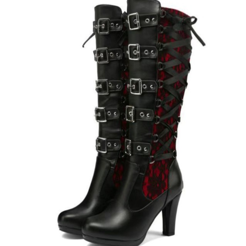 パンクゴシックスタイルの女性のニーハイブーツレディースオート - High Knee Heel Boots のレビューと価格