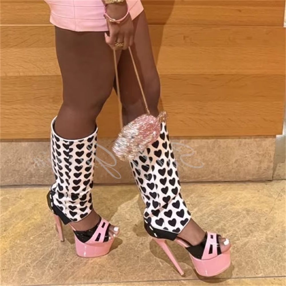 ガールピンクハートデコレーションニーハイブーツセクシーラウン - High Knee Heel Boots のレビューと価格