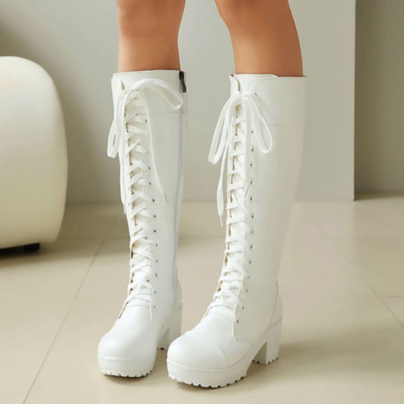 レディース ニーハイ レースアップ コンバットブーツ チャン - High Knee Heel Boots のレビューと価格