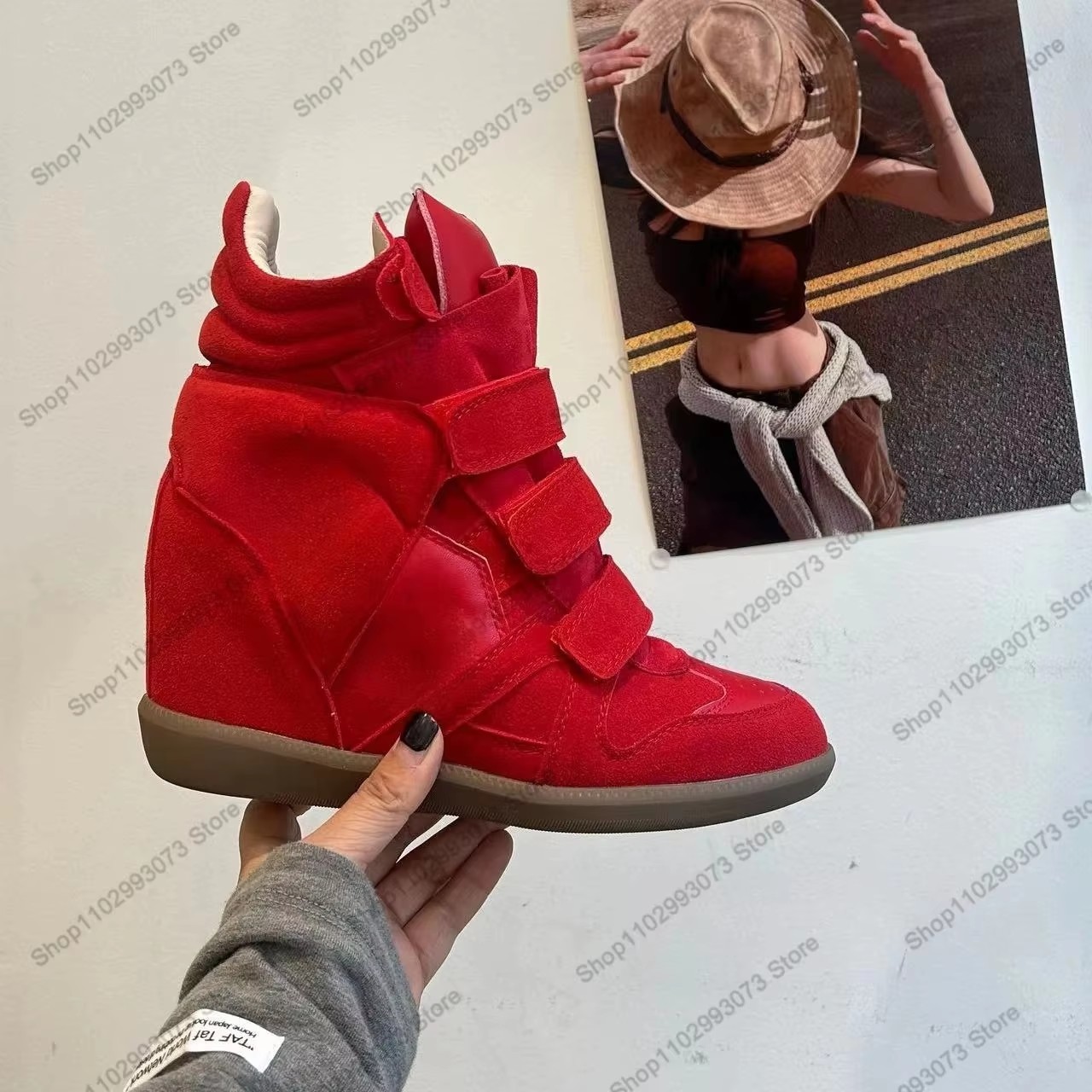 女性用隠しウェッジヒールハイカットスニーカー、スエードレザー - Block Heel Ankle Boots のレビューと価格