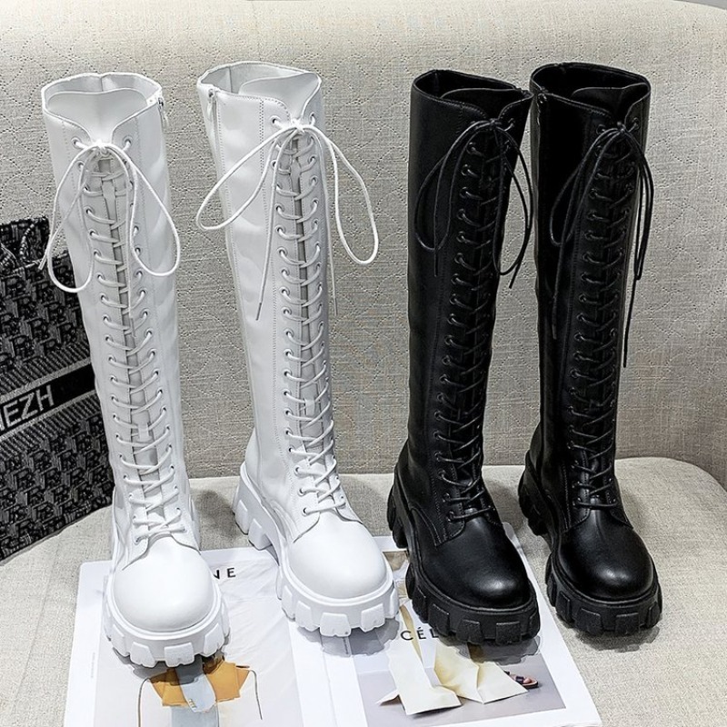 女性用ニーハイブーツ、レースアップコンバットブーツ、プラット - High Knee Heel Boots のレビューと価格