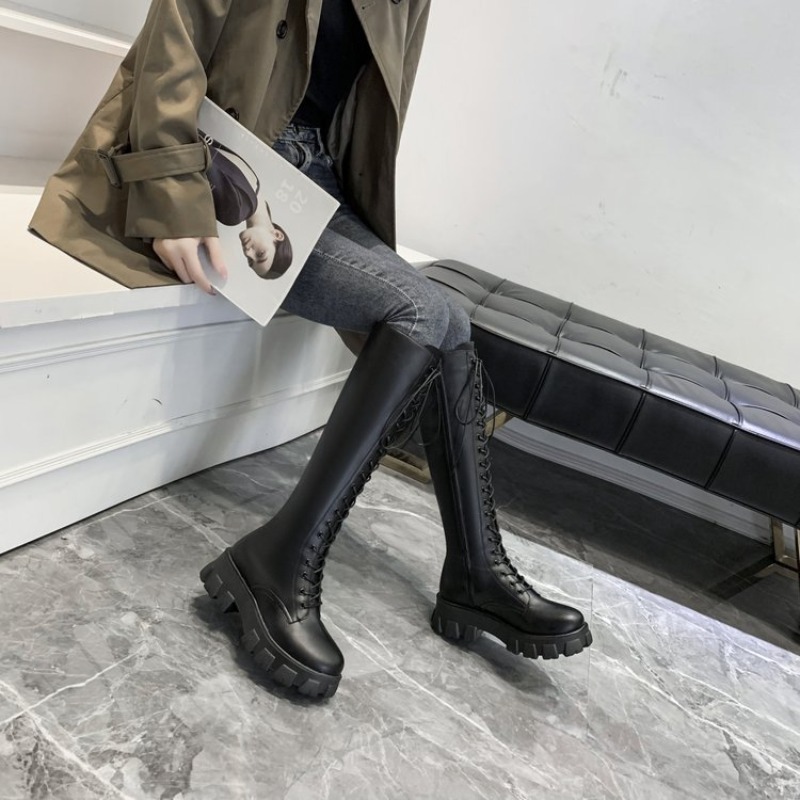 女性用ニーハイブーツ、レースアップコンバットブーツ、プラット - High Knee Heel Boots のレビューと価格