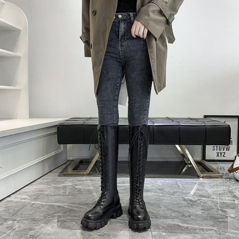 女性用ニーハイブーツ、レースアップコンバットブーツ、プラット - High Knee Heel Boots のレビューと価格